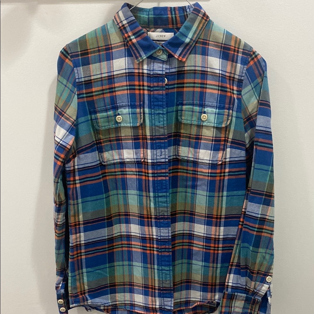Women’s Boy Fit. J.Crew. Blue Plaid Shirt. Size 0.